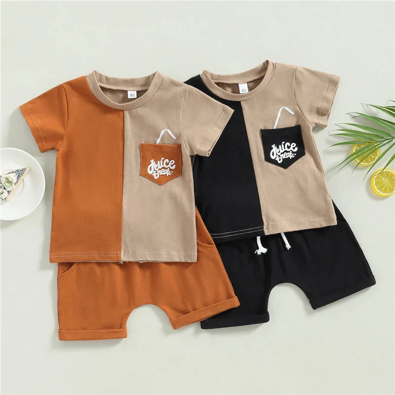Brown-and-beige and black-and-beige boys' T-shirt and shorts sets displayed together
