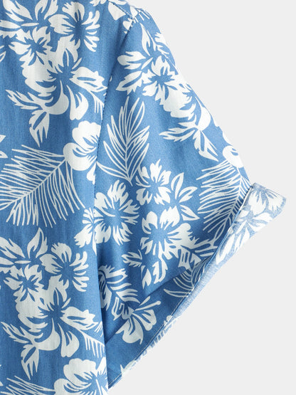 Breezevo — Men's Lightweight Cotton Summer Shirt with Floral Print (Blue S) - short | Zavonix