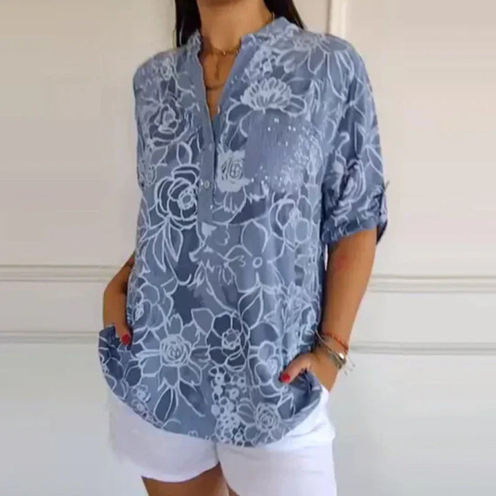 Breezy Floral V Neck Roll Tab Top Product Image 01