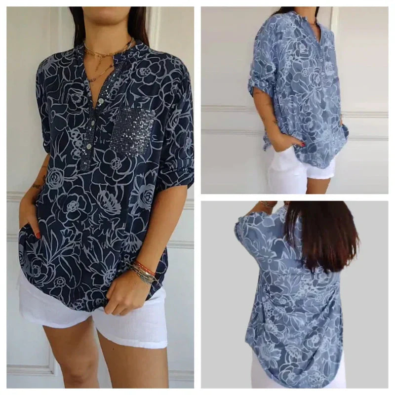Breezy Floral V Neck Roll Tab Top Product Image 02