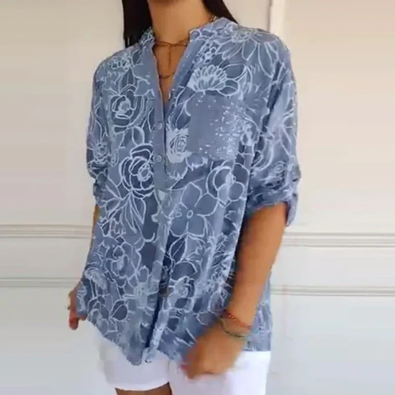 Breezy Floral V Neck Roll Tab Top Product Image 04