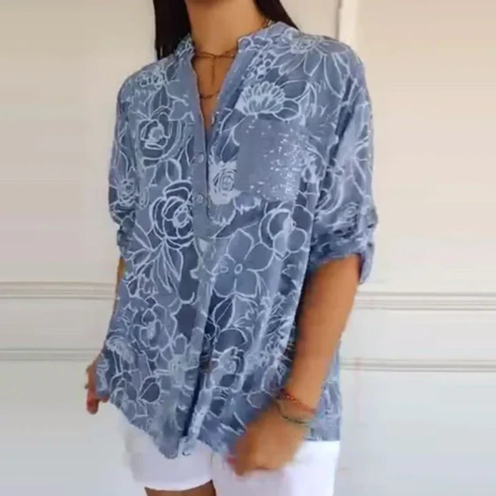 Breezy Floral V Neck Roll Tab Top Product Image 04