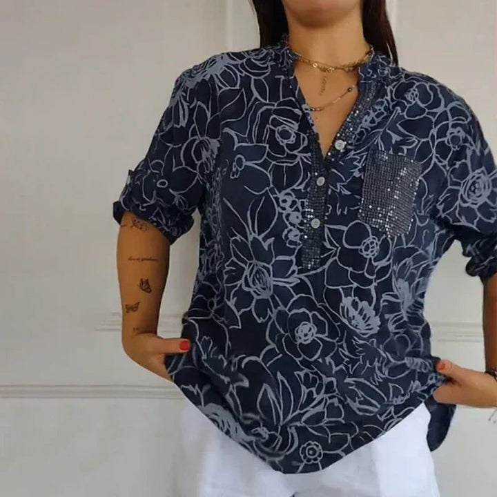 Breezy Floral V Neck Roll Tab Top Product Image 05