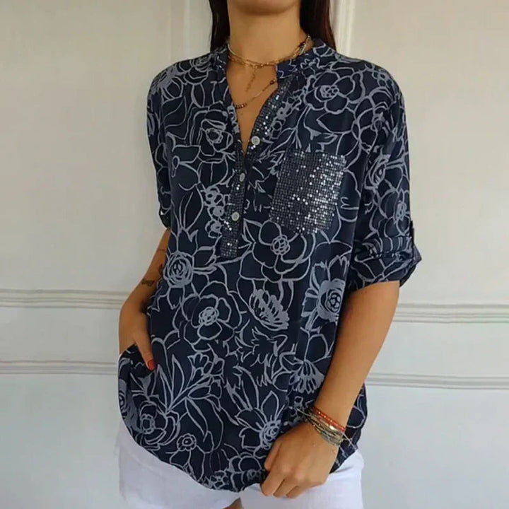 Breezy Floral V Neck Roll Tab Top Product Image 06