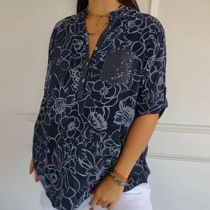 Breezy Floral V Neck Roll Tab Top Product Image 07