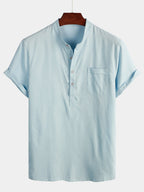 Brevin — Men’s Linen Cotton Shirt with Chest Pocket (Light blue S) - short | Zavonix