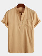 Brevin — Men’s Linen Cotton Shirt with Chest Pocket (Navy blue S) - short | Zavonix