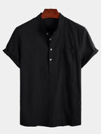 Brevin — Men’s Linen Cotton Shirt with Chest Pocket (Black S) - short | Zavonix