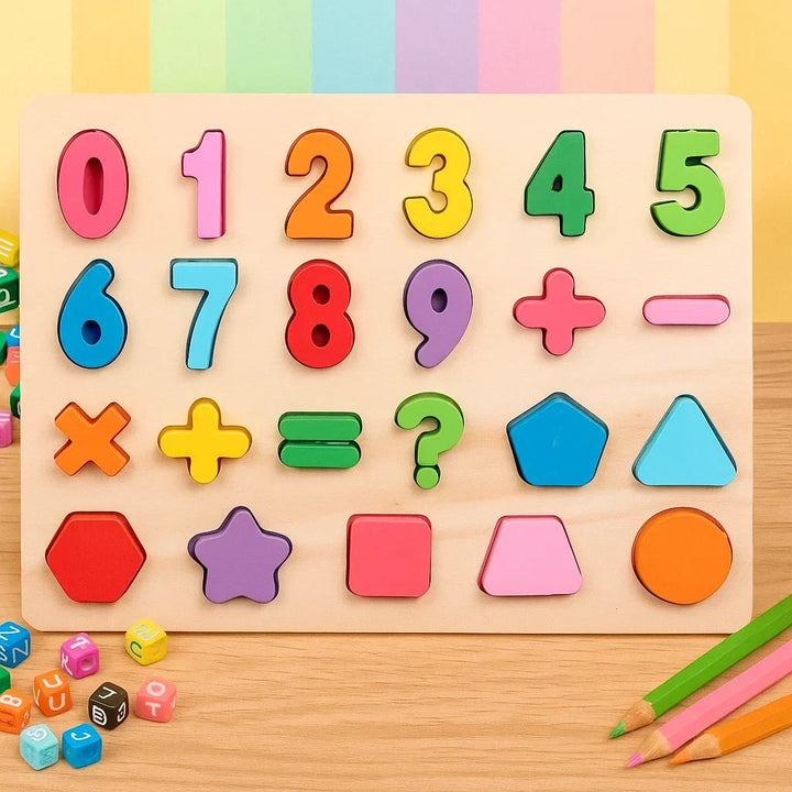 Wooden puzzle board with colorful numbers, math symbols, and geometric shapes