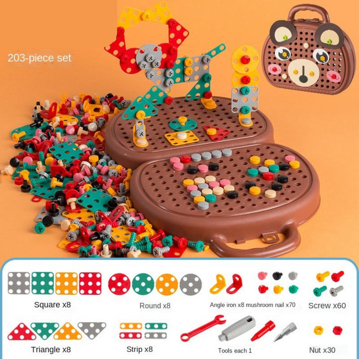 Brown 203-piece construction set with bear-shaped case and illustrated component counts