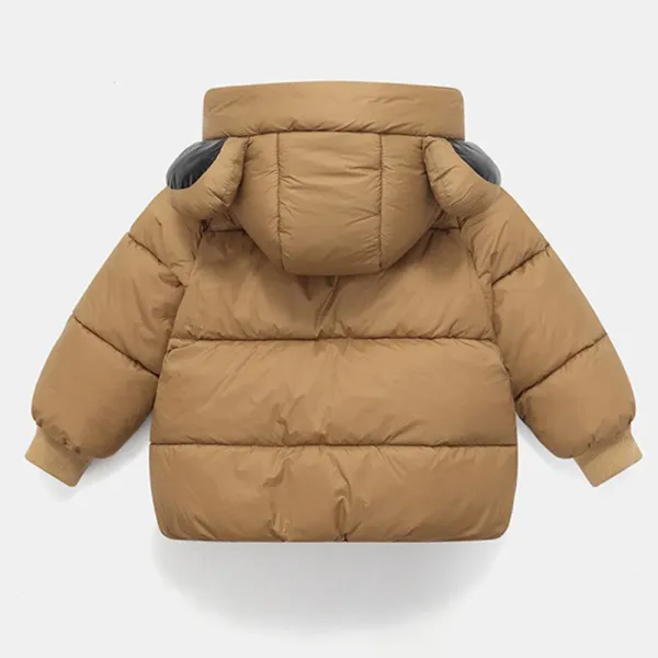 Back of the brown quilted winter coat showing its hood and rounded ears