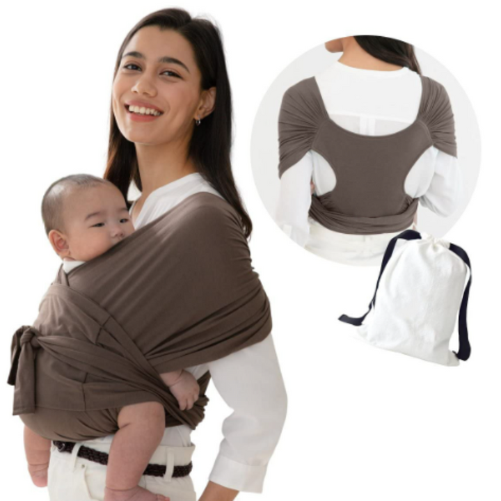 Brown baby carrier shown with a baby at the chest, a back view and a drawstring pouch