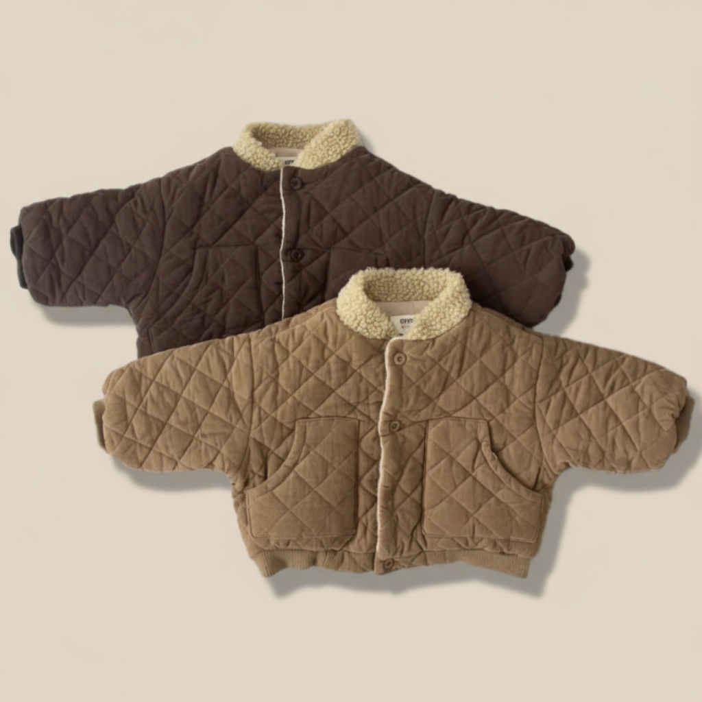 Brown and beige quilted coats with sherpa collars and front pockets