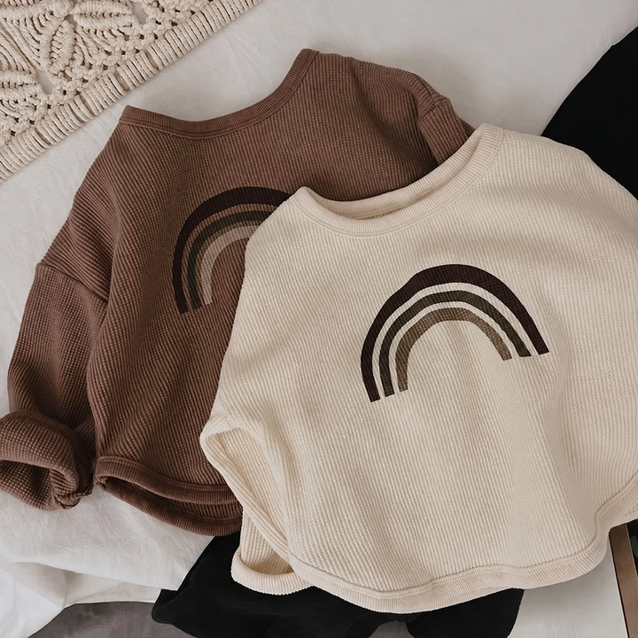 Brown and beige long sleeve T-shirts with tonal rainbow graphics and textured fabric
