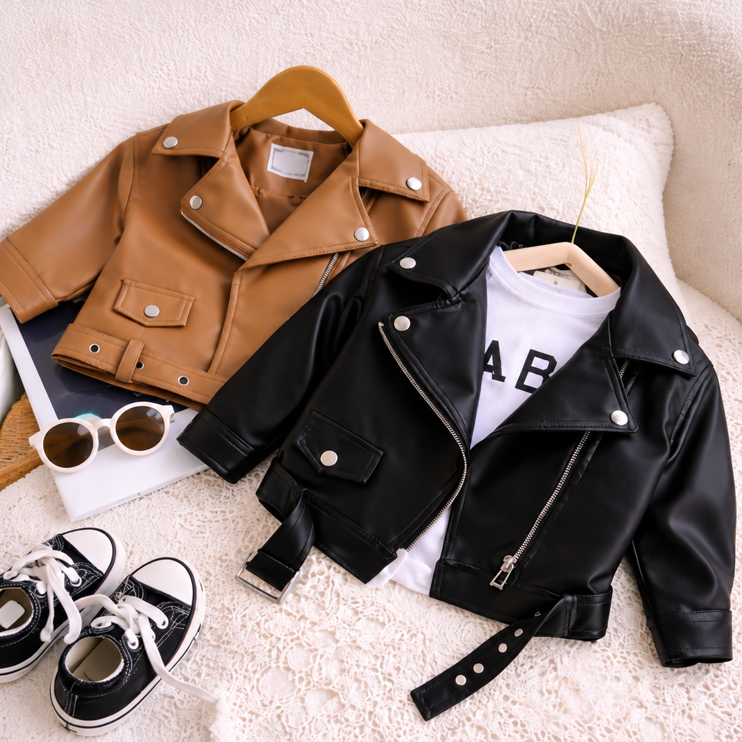 Brown and black faux leather biker jackets styled with sneakers and sunglasses