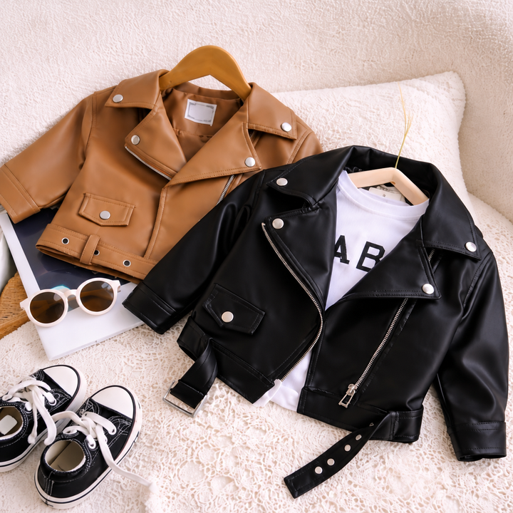 Brown and black faux leather biker jackets styled with sneakers and sunglasses