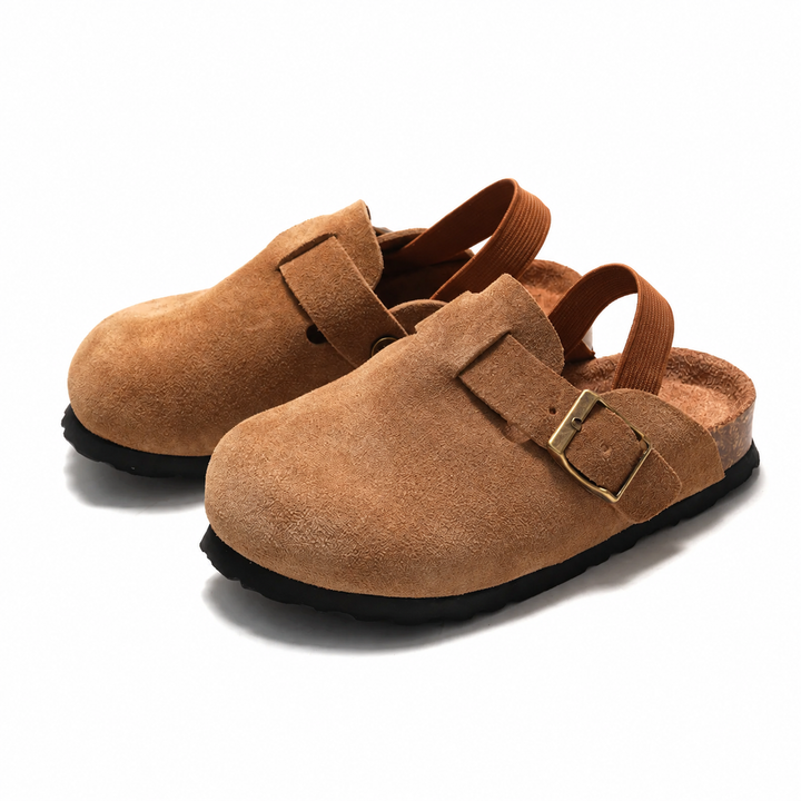 Pair of Brown suede-look clog sandals with buckle details and elastic heel straps