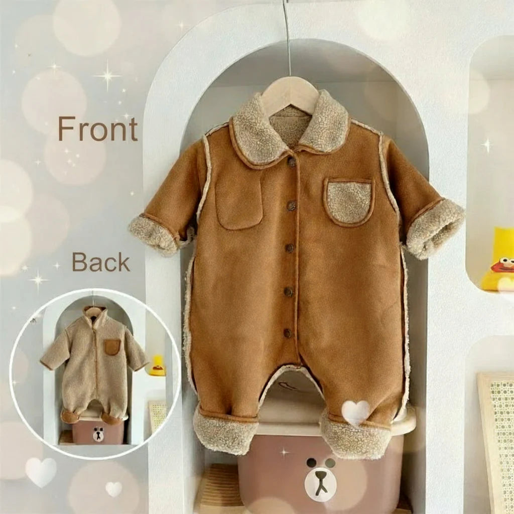 Brown baby romper with a fleece collar and cuffs, plus an inset of the cream reverse side