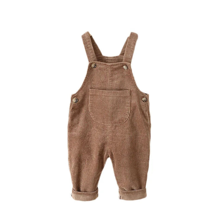 Front view of brown corduroy overalls with buttoned straps, side buttons, and a bib pocket