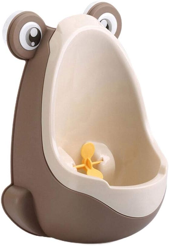 Brown and cream frog-shaped potty-training urinal with a yellow aiming target