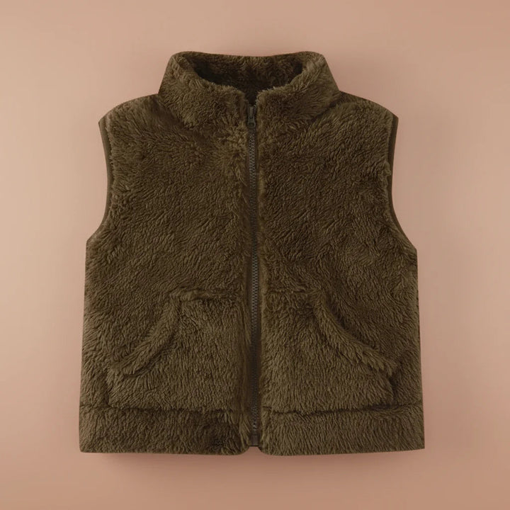 Brown fleece vest with a stand-up collar, front zipper, and pockets