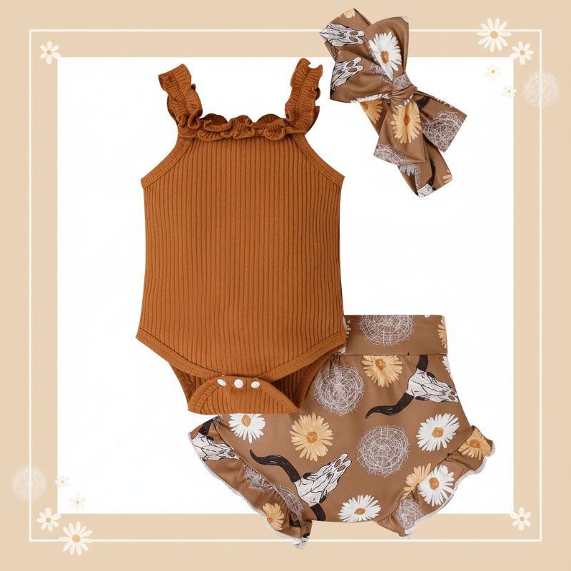 Brown three-piece baby outfit with a ruffle romper, floral shorts and matching bow headband
