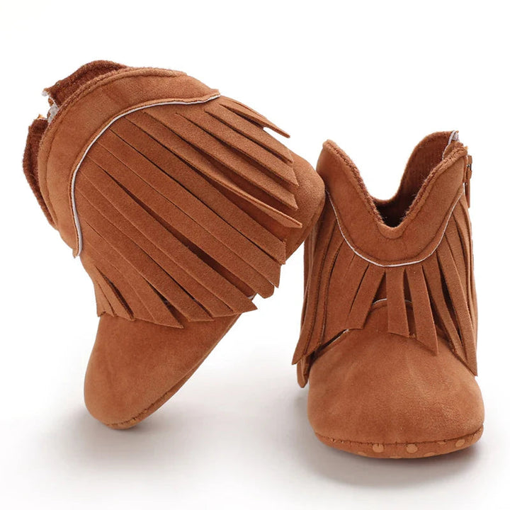 Brown fringe baby cowboy boots shown from the front and at an angle