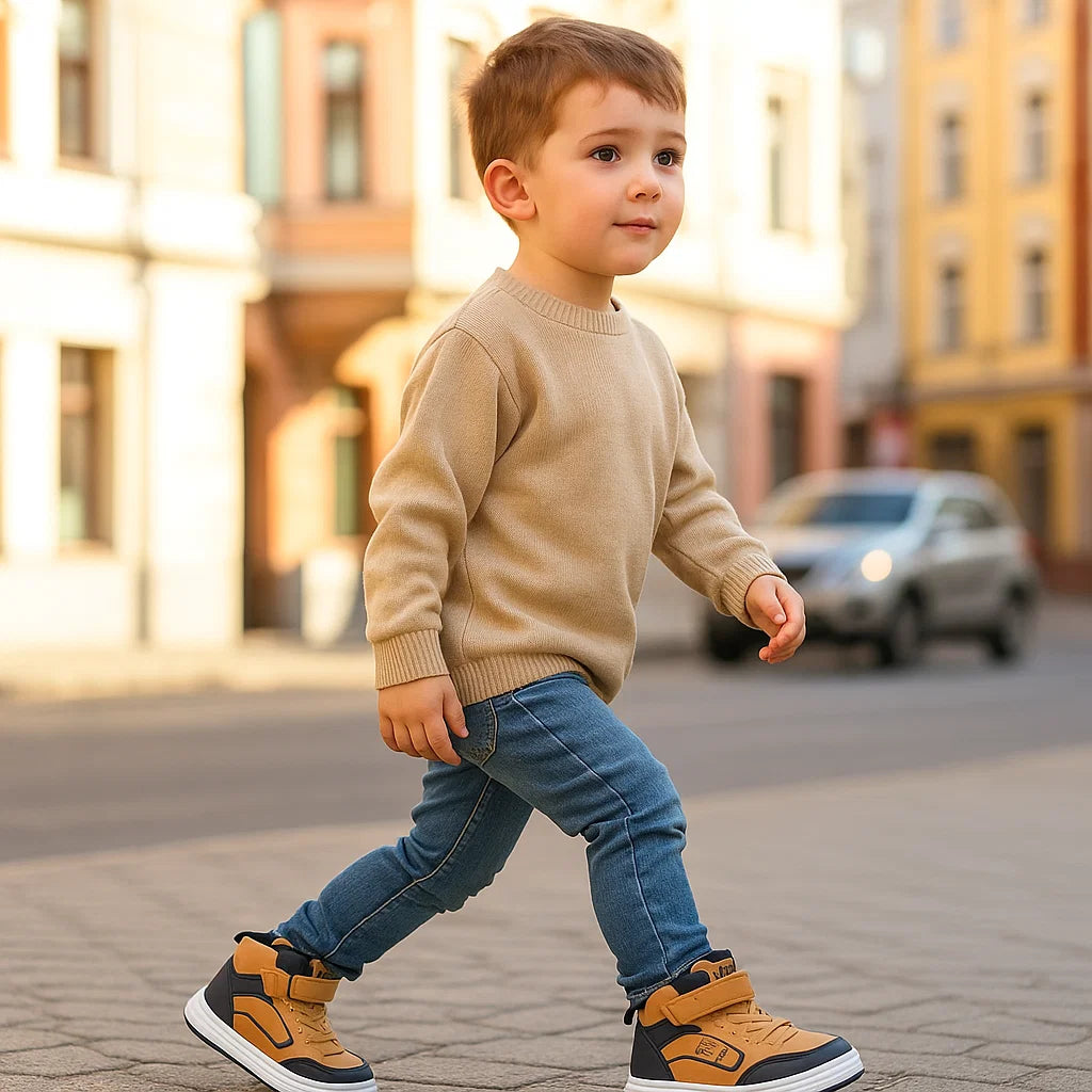 Child walking on a sidewalk in brown high-top sneakers with white soles