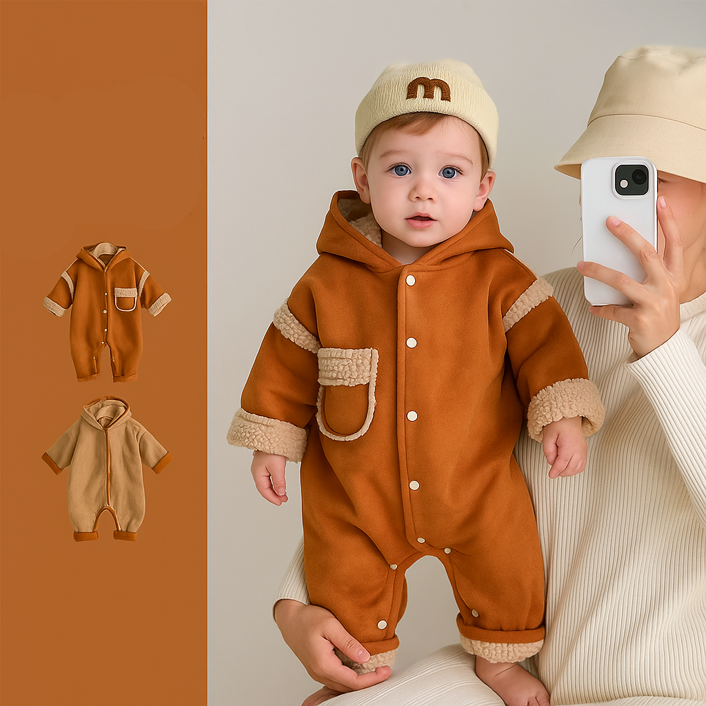 Baby wearing a brown hooded romper with cream fleece trim and front snap buttons