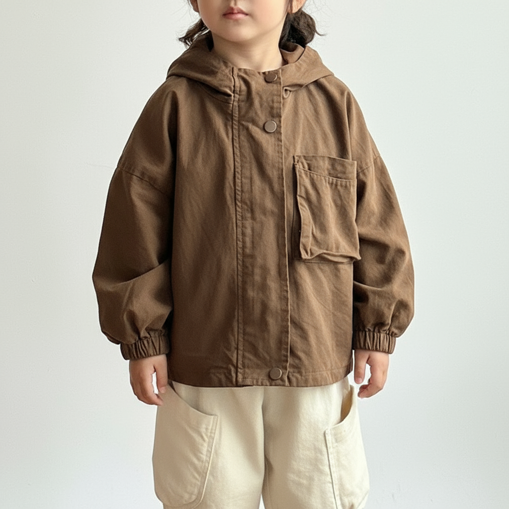 Child wearing a brown hooded parka with a front chest pocket