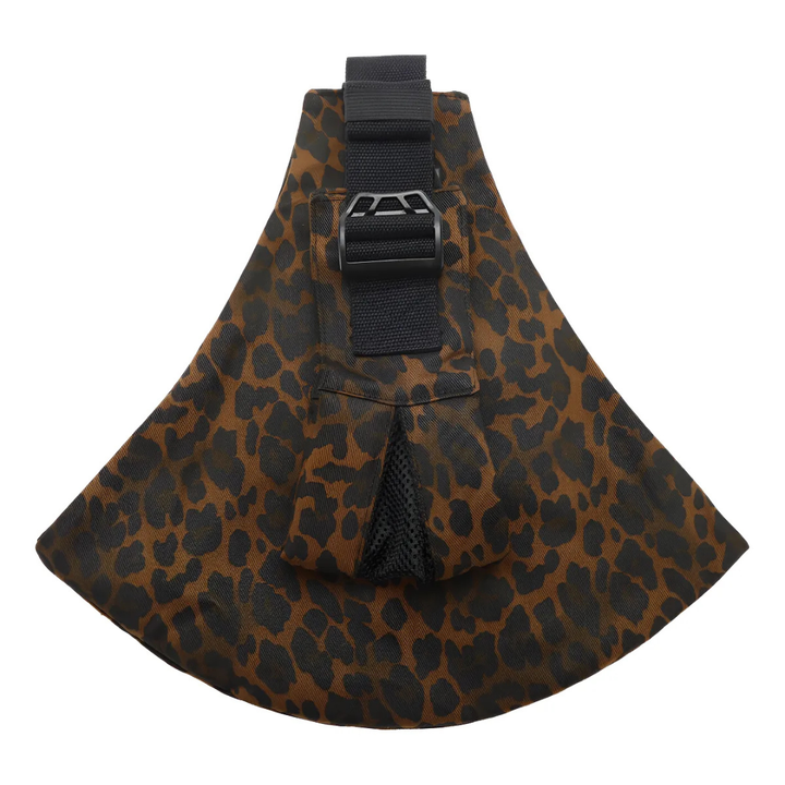 Brown leopard-print hip carrier with a black adjustable shoulder strap