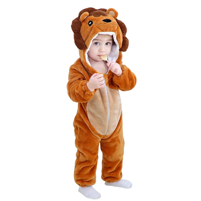 Child wearing a brown lion romper with a mane-trimmed hood and beige belly.