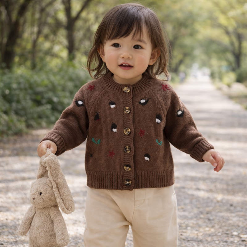 Child wearing a brown button-front cardigan and light pants outdoors