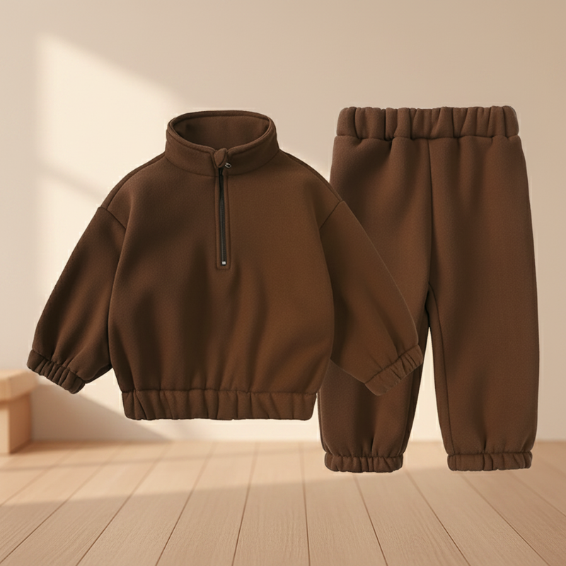 Brown quarter-zip sweatshirt and matching elastic-waist joggers
