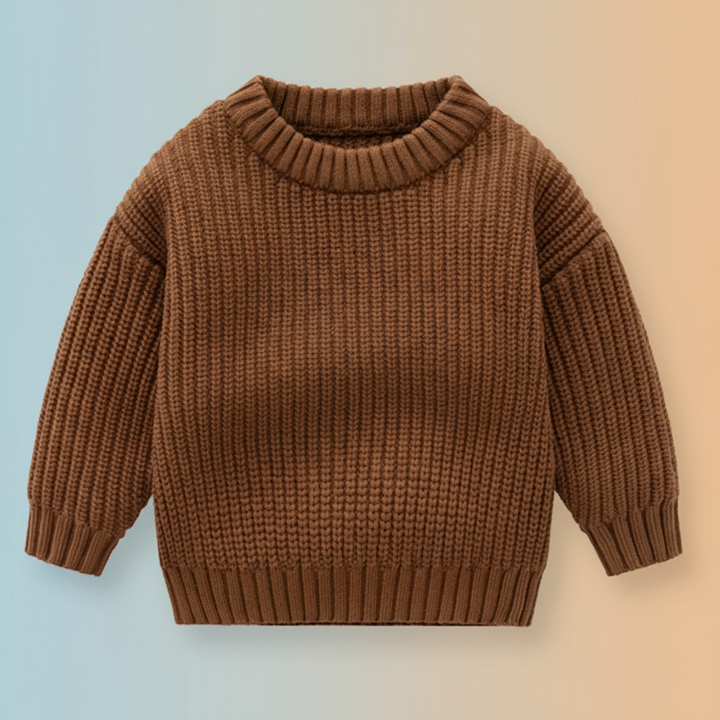 Brown knit sweater with a round neckline and ribbed cuffs and hem.
