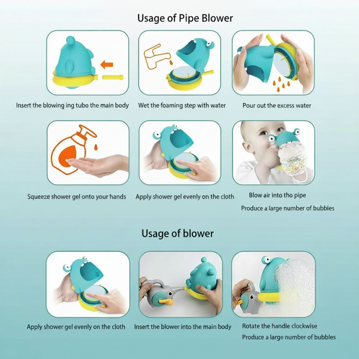 Instruction chart showing foaming cloth preparation, mouth-blowing, and hand-crank use