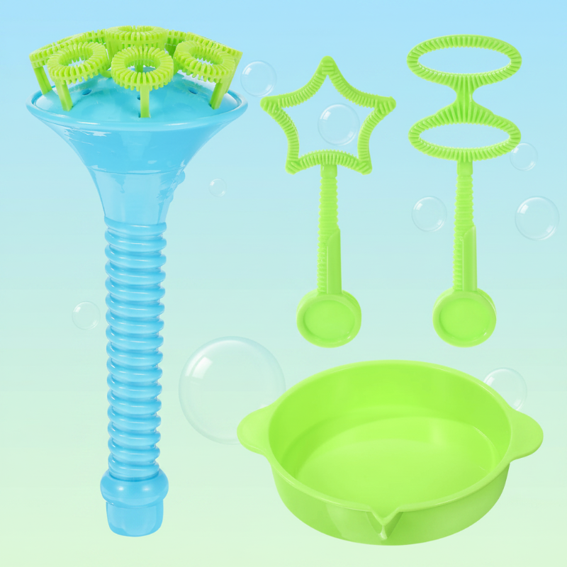 Blue bubble blower, green star wand, double-ring wand, and dipping tray