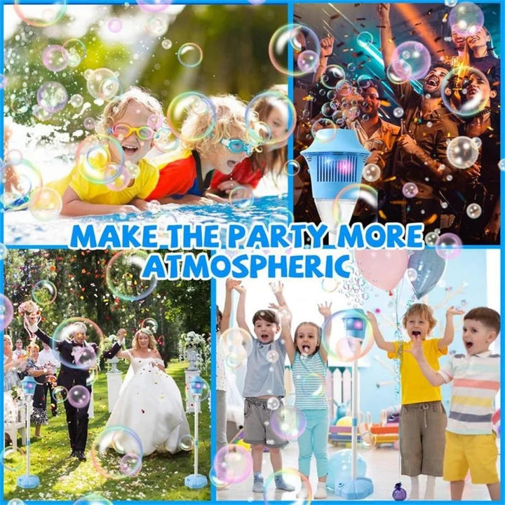 Children playing among bubbles at outdoor gatherings and an indoor party with a bubble lamp.