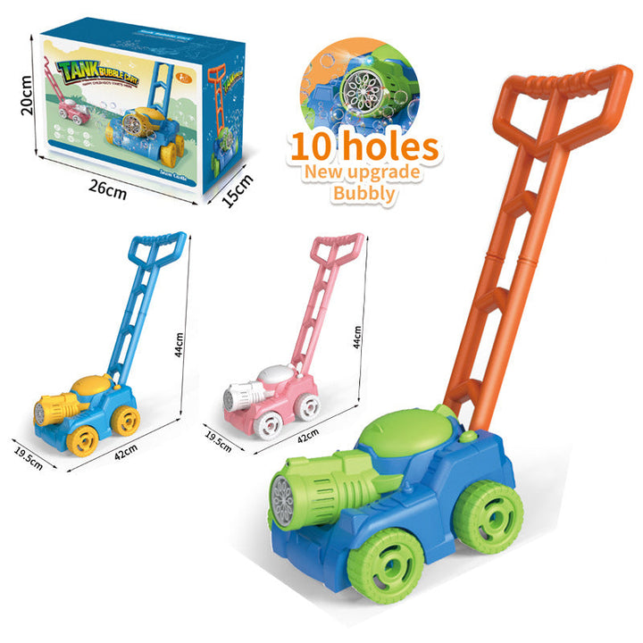 Blue, pink, and green bubble lawn mowers with packaging and measurement labels