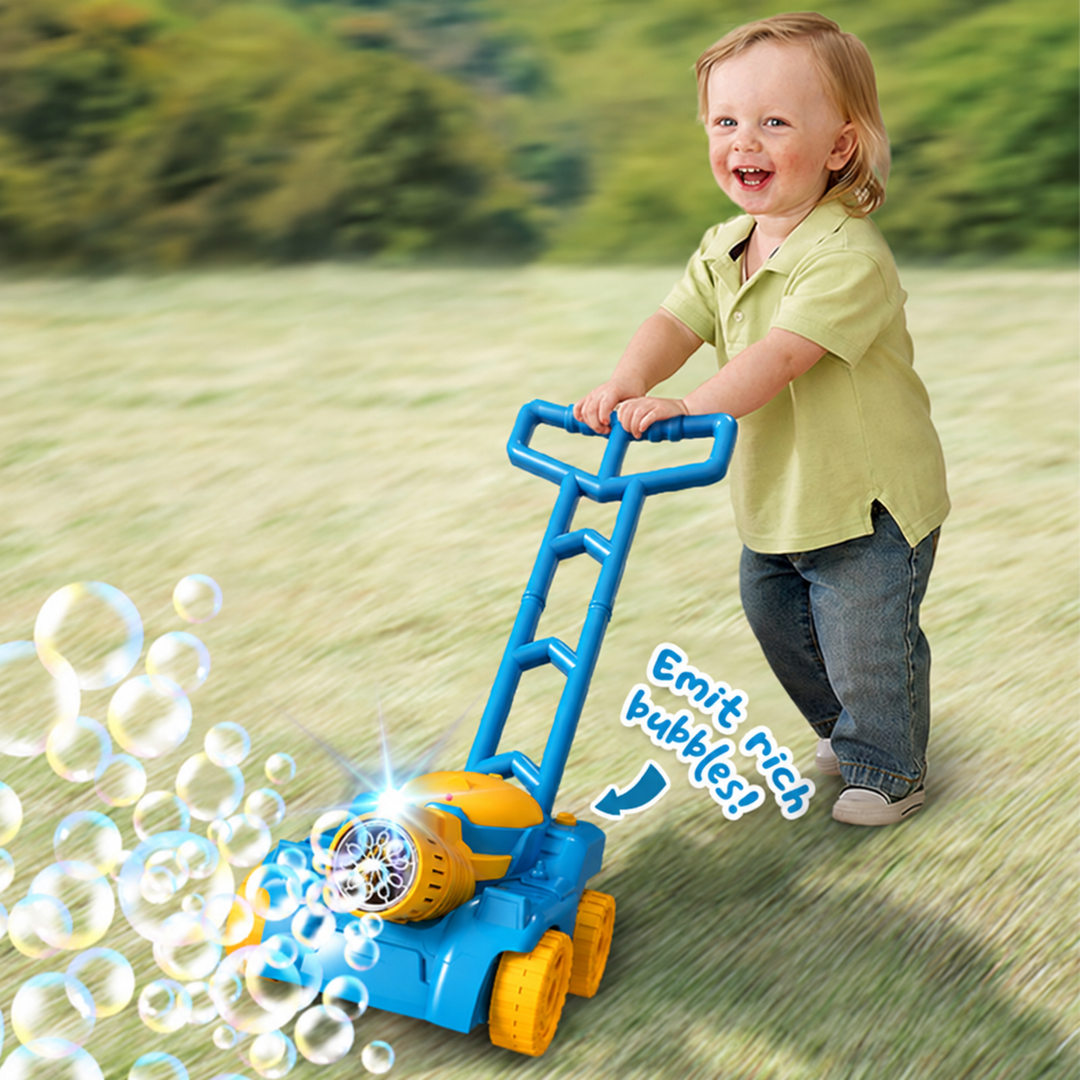 Child pushing a blue and yellow bubble lawn mower through grass