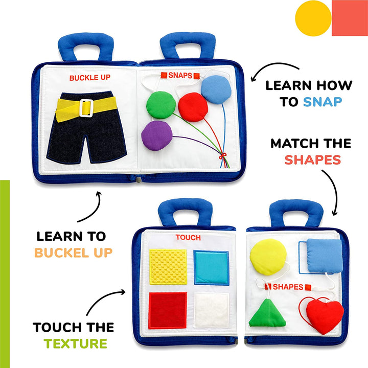 Blue activity book pages with a buckle, snaps, textured squares, and matching shapes