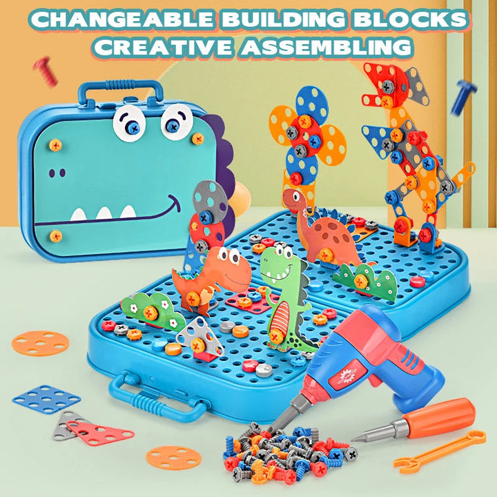 Construction set with a dinosaur-themed carrying case, standing figures, toy drill, and loose pieces