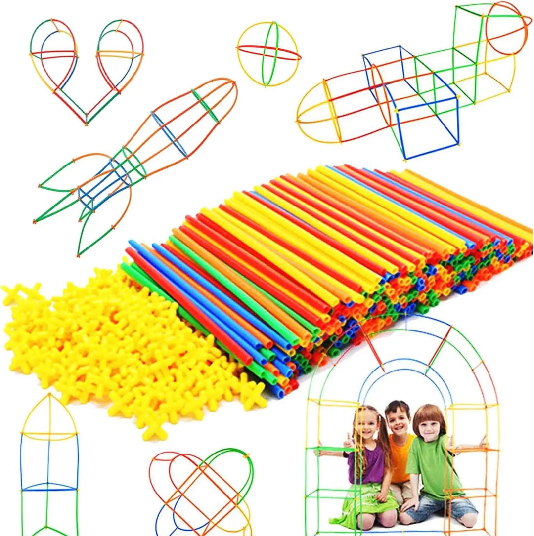 Multicolored construction tubes and yellow connectors with rocket, heart, and geometric building examples