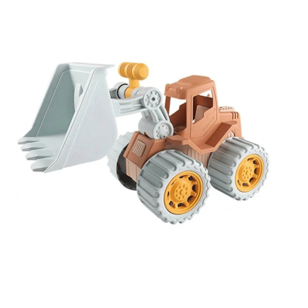 Bulldozer toy with a gray front scoop, tan cab, and yellow wheel centers