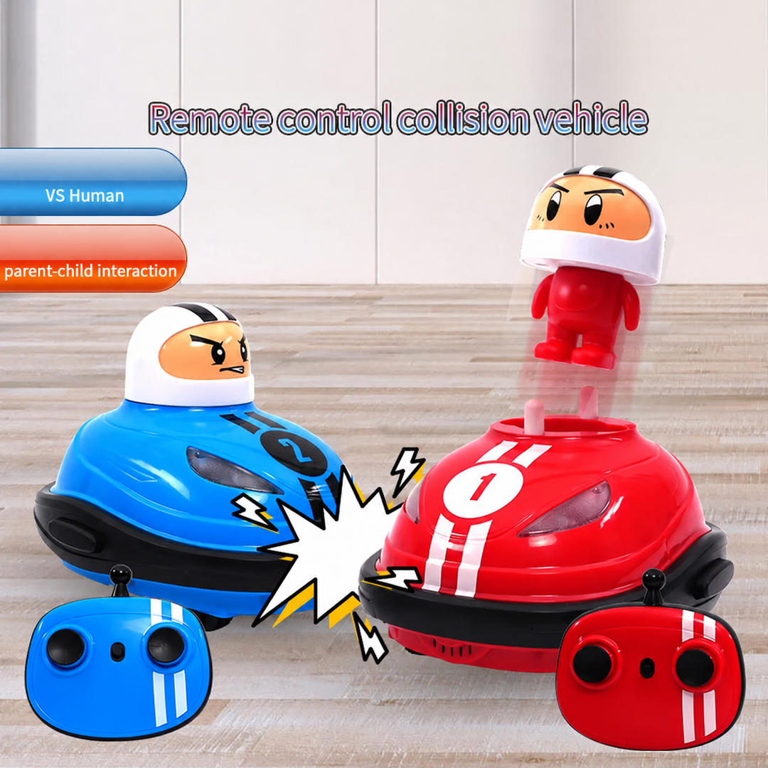 Red and blue bumper cars with matching remotes and a red driver ejecting on impact