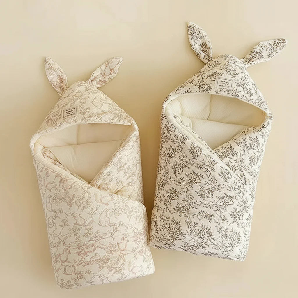 Bunny and botanical print swaddle blankets with folded fronts and bunny-ear hoods