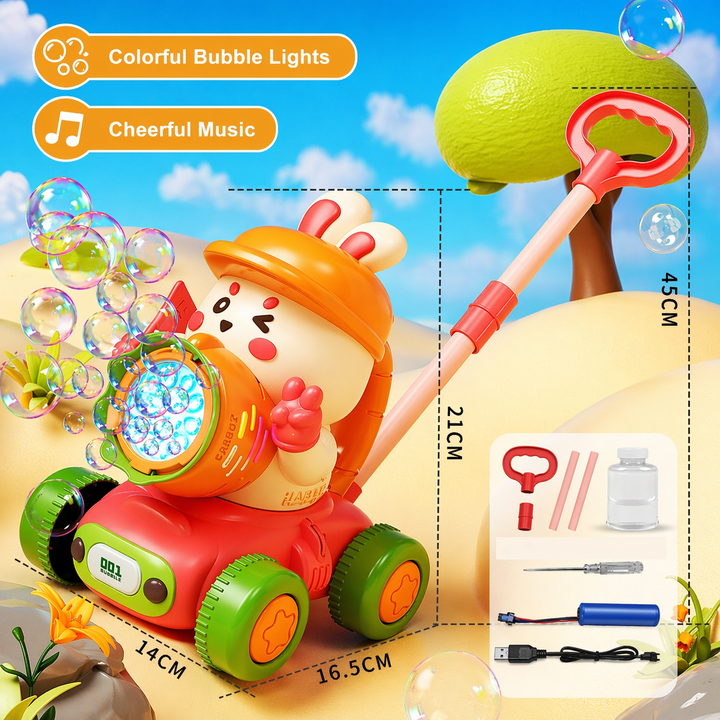 Bunny bubble push cart with green wheels, a pink handle and size measurements.