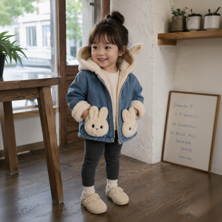 Child wearing a blue denim jacket with cream trim and bunny details on the front