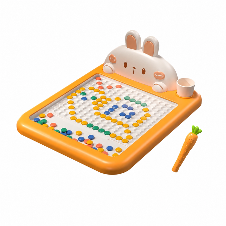 Bunny magnetic drawing board with colorful beads and a carrot-shaped pen