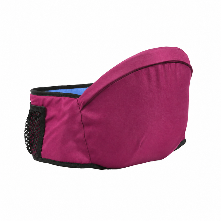 Burgundy hip carry seat with a black mesh side pocket